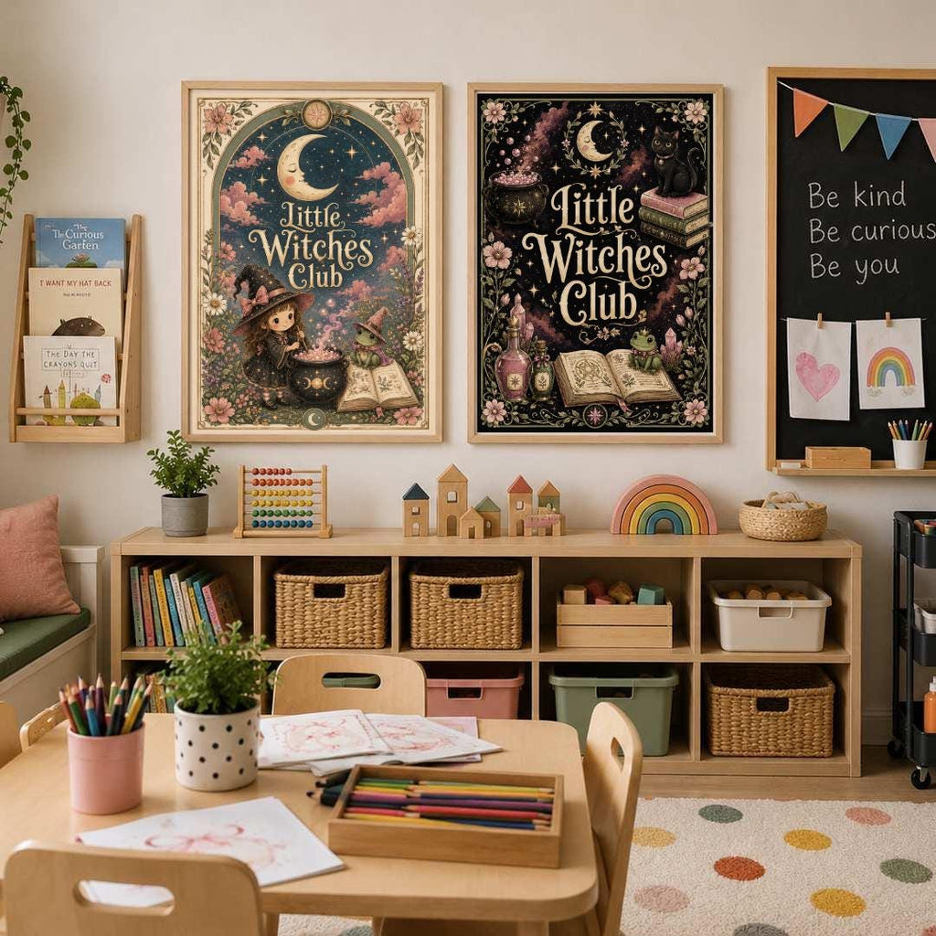 Little Witches Club Nursery Print, Witch Girl Wall Art, Magical Kids Room Decor, Pink Floral Celestial Print, A4 A3