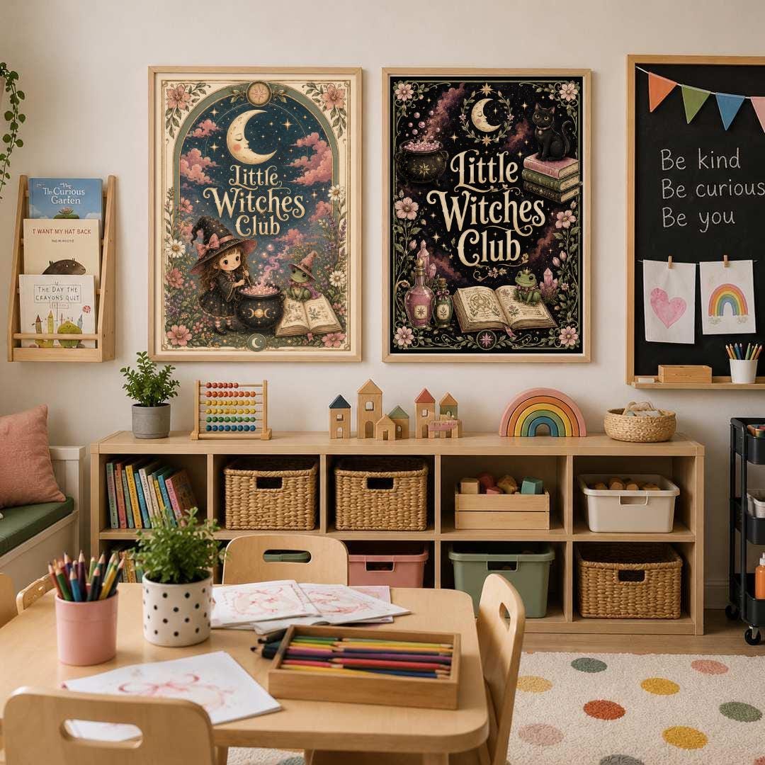Little Witches Club Nursery Print, Witch Girl Wall Art, Magical Kids Room Decor, Pink Floral Celestial Print, A4 A3