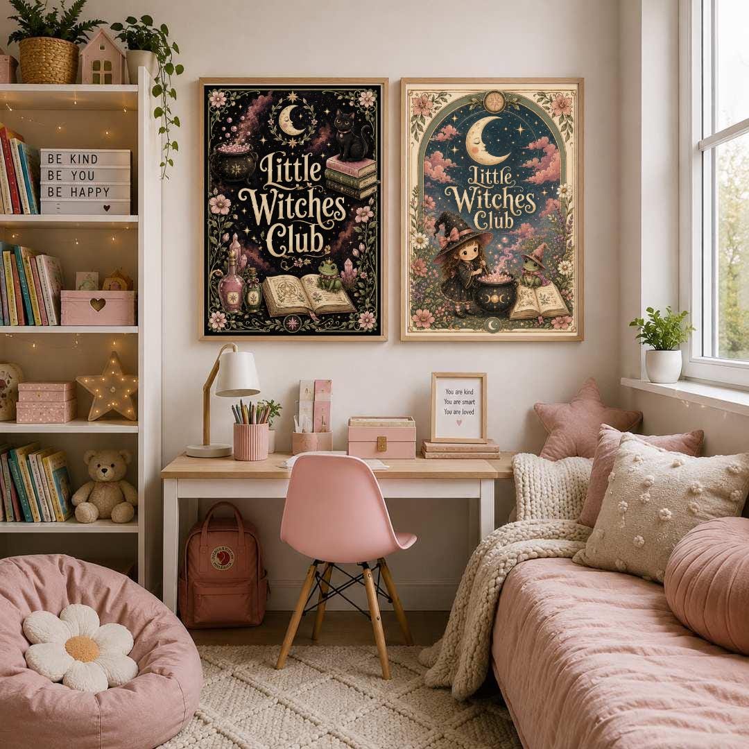 Little Witches Club Nursery Print, Witch Girl Wall Art, Magical Kids Room Decor, Pink Floral Celestial Print, A4 A3