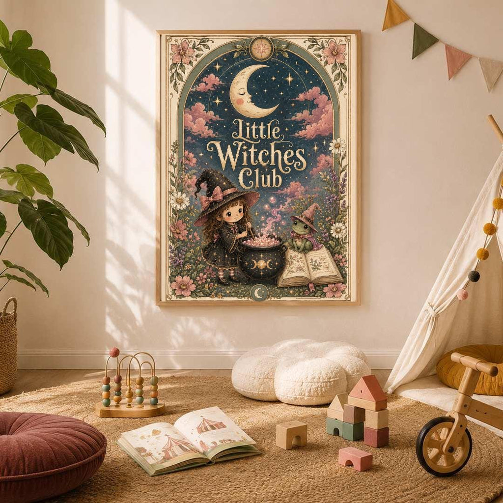 Little Witches Club Nursery Print, Witch Girl Wall Art, Magical Kids Room Decor, Pink Floral Celestial Print, A4 A3