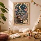 Little Witches Club Nursery Print, Witch Girl Wall Art, Magical Kids Room Decor, Pink Floral Celestial Print, A4 A3