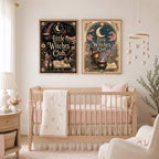 Little Witches Club Nursery Print, Witch Girl Wall Art, Magical Kids Room Decor, Pink Floral Celestial Print, A4 A3