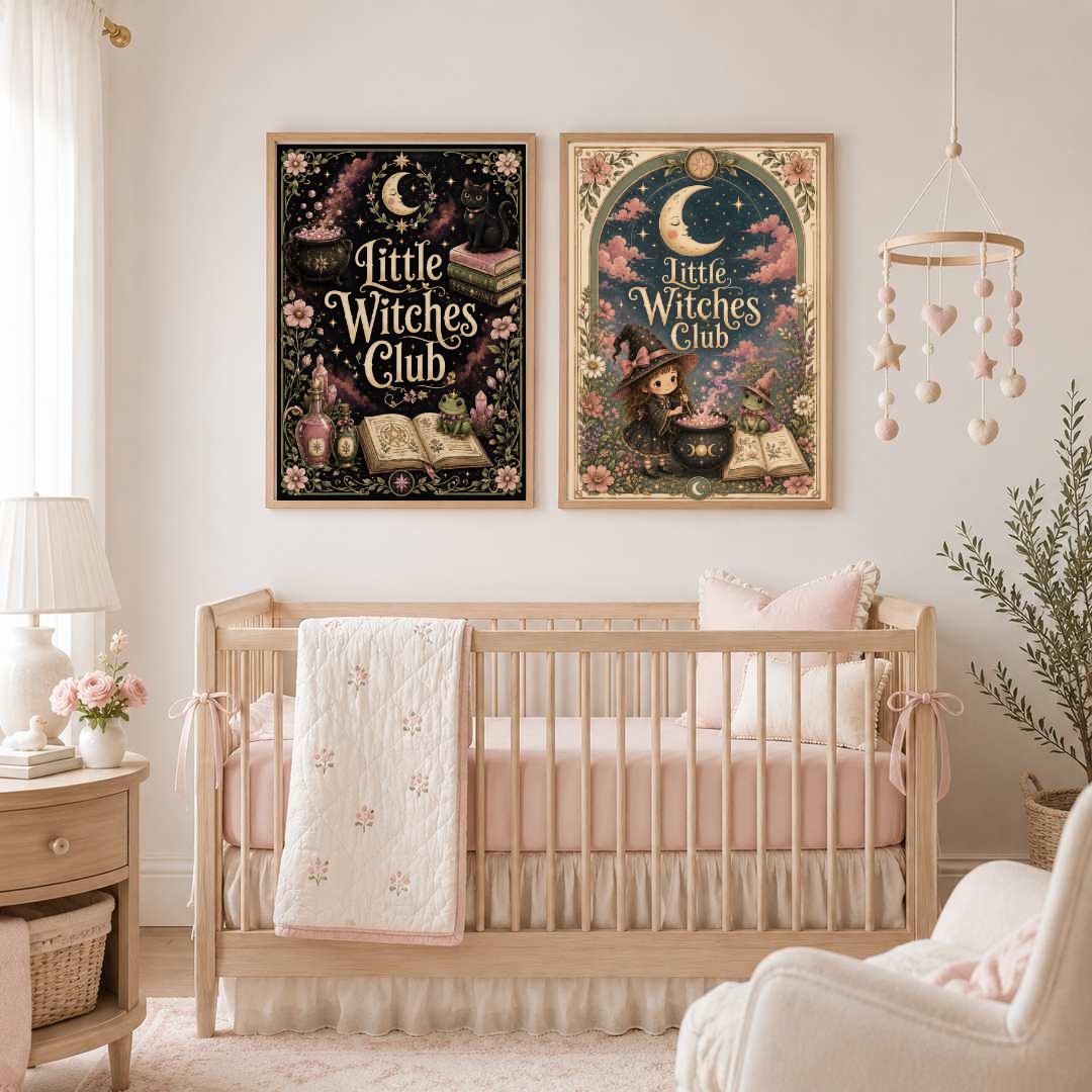 Little Witches Club Nursery Print, Witch Girl Wall Art, Magical Kids Room Decor, Pink Floral Celestial Print, A4 A3