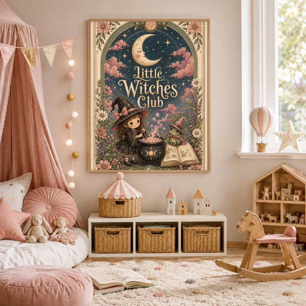 Little Witches Club Nursery Print, Witch Girl Wall Art, Magical Kids Room Decor, Pink Floral Celestial Print, A4 A3