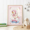 Pink children's nursery wall print featuring a cute illustrated duck wearing a pink hat, bow and polka dot wellies while riding a skateboard through water, surrounded by flowers, stars and a decorative pink border.