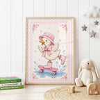 Pink children's nursery wall print featuring a cute illustrated duck wearing a pink hat, bow and polka dot wellies while riding a skateboard through water, surrounded by flowers, stars and a decorative pink border.