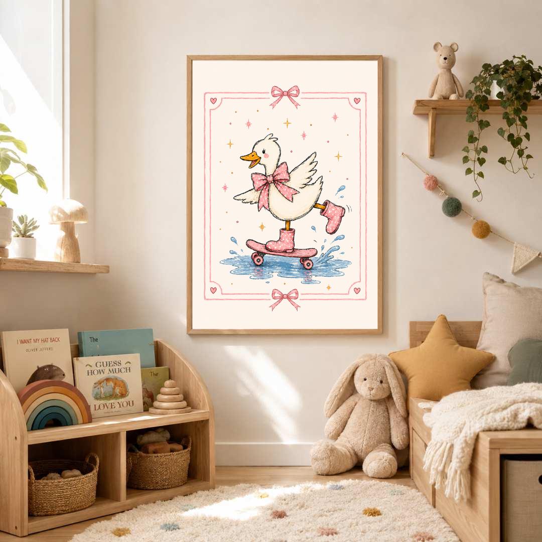 Pink Duck Nursery Print, Skateboarding Duck Wall Art, Girls Bedroom Decor, Bow Nursery Art, Cute Animal Print, A4 A3