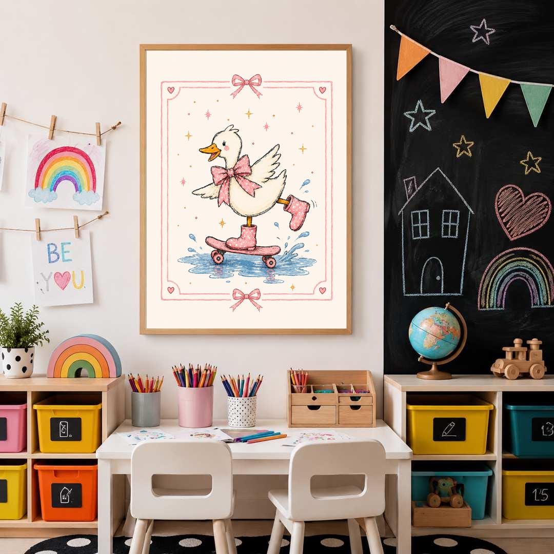 Pink Duck Nursery Print, Skateboarding Duck Wall Art, Girls Bedroom Decor, Bow Nursery Art, Cute Animal Print, A4 A3