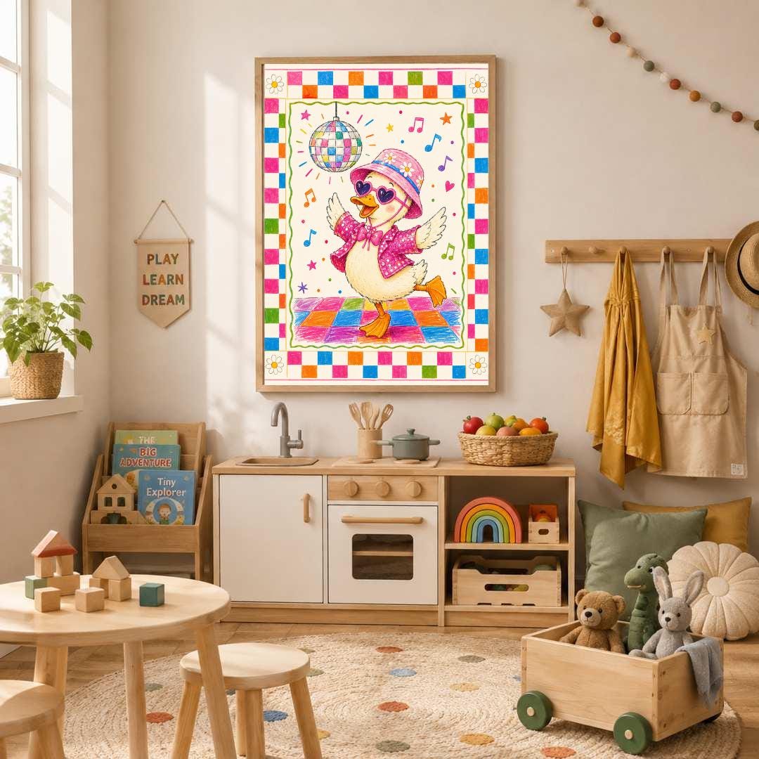 Disco Duck Nursery Print, Dancing Duck Wall Art, Colourful Girls Bedroom Decor, Groovy Kids Room Print, A4 A3