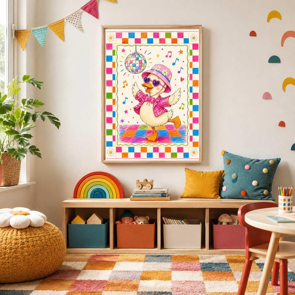 Disco Duck Nursery Print, Dancing Duck Wall Art, Colourful Girls Bedroom Decor, Groovy Kids Room Print, A4 A3