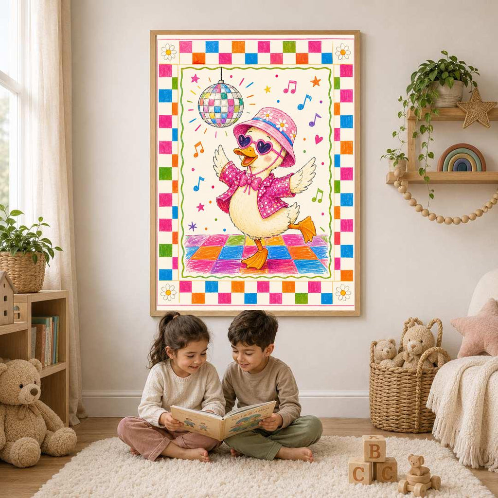 Disco Duck Nursery Print, Dancing Duck Wall Art, Colourful Girls Bedroom Decor, Groovy Kids Room Print, A4 A3