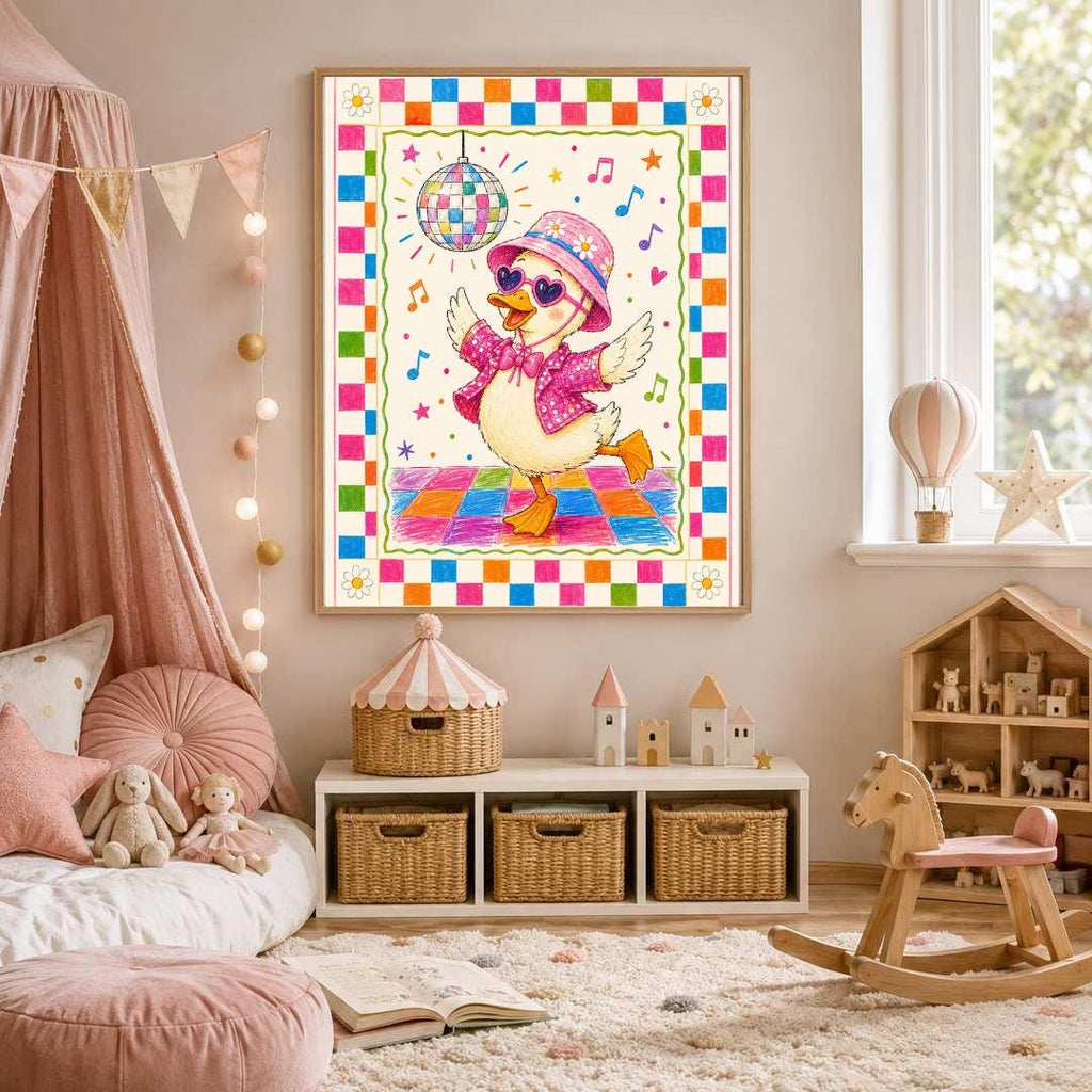 Disco Duck Nursery Print, Dancing Duck Wall Art, Colourful Girls Bedroom Decor, Groovy Kids Room Print, A4 A3