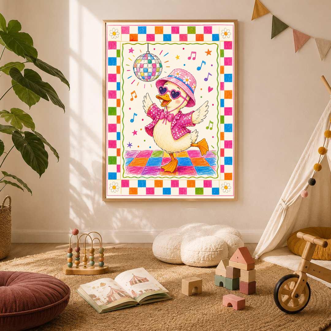 Disco Duck Nursery Print, Dancing Duck Wall Art, Colourful Girls Bedroom Decor, Groovy Kids Room Print, A4 A3