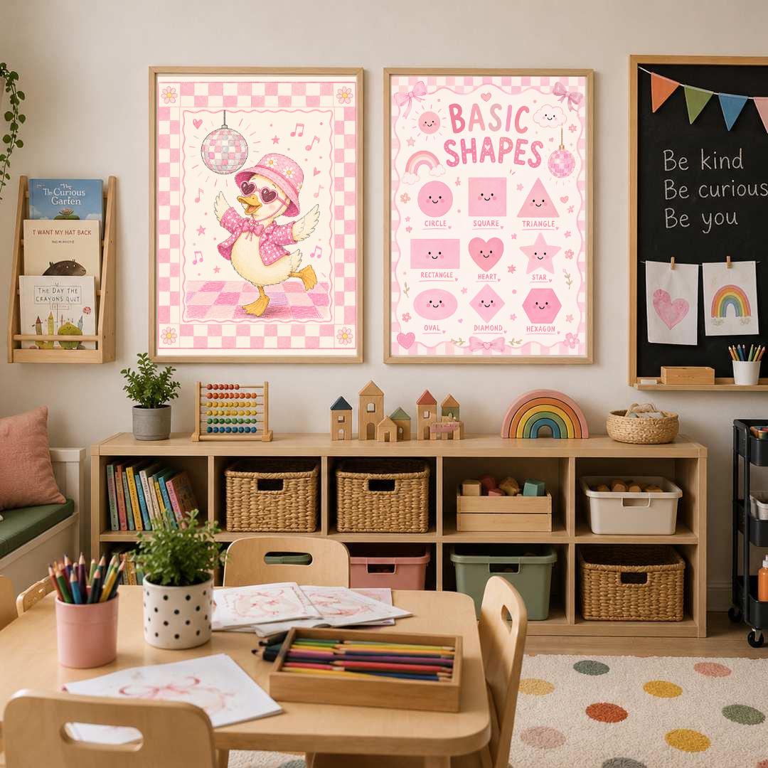 Pink Disco Duck Nursery Print, Dancing Duck Wall Art, Girls Bedroom Decor, Groovy Kids Room Print, A4 A3