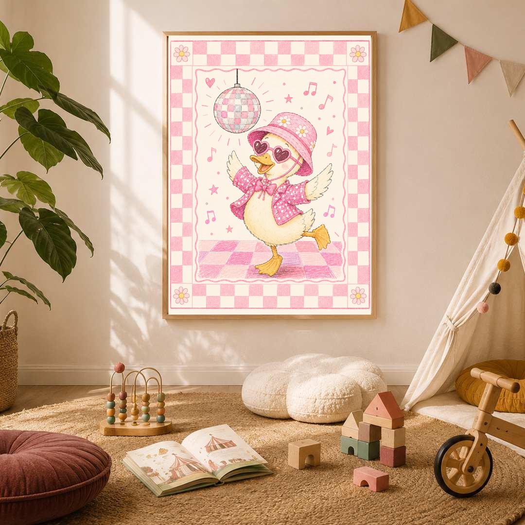 Pink Disco Duck Nursery Print, Dancing Duck Wall Art, Girls Bedroom Decor, Groovy Kids Room Print, A4 A3