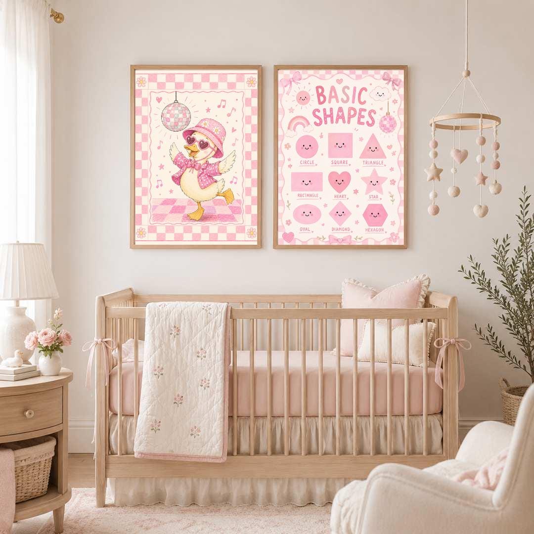 Pink Disco Duck Nursery Print, Dancing Duck Wall Art, Girls Bedroom Decor, Groovy Kids Room Print, A4 A3