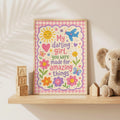 Colourful girls nursery wall print featuring the quote My darling girl, you were made for amazing things, surrounded by flowers, butterflies, hearts, a smiling sun, stars and an aeroplane with a pink gingham border.