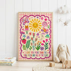 Colourful girls nursery wall print featuring the quote I love you more than the sun, moon and all of the stars, with a smiling sun and moon, butterflies, flowers, hearts, rainbow and pink gingham border.