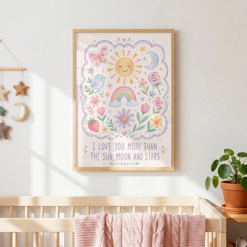 Sun Moon Stars Nursery Print, I Love You More Wall Art, Pastel Girls Bedroom Decor, Floral Rainbow Nursery Print, A4 A3