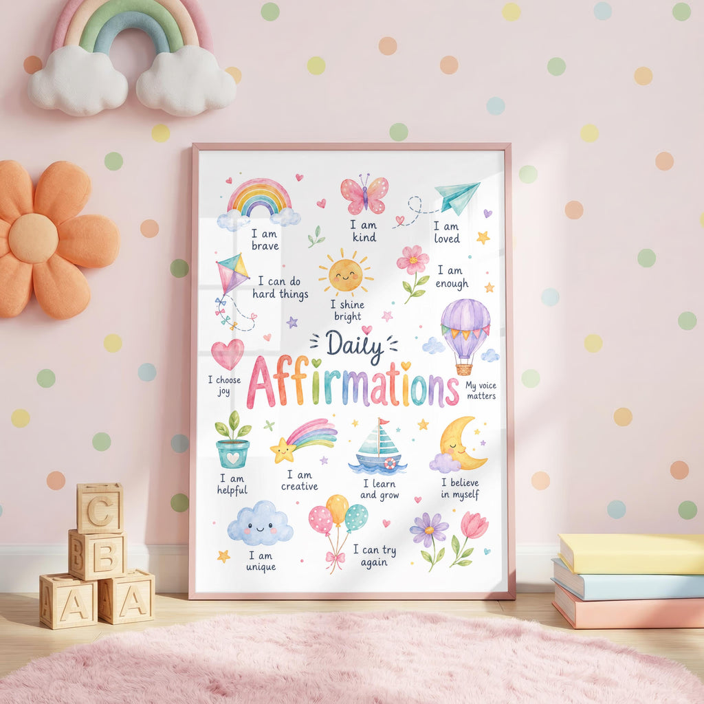 Colourful children's Daily Affirmations wall print featuring positive phrases including I am brave, I am kind, I am loved, I am enough and I believe in myself, with a rainbow, butterfly, flowers, balloons, hot air balloon, moon and stars.