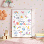 Colourful children's Daily Affirmations wall print featuring positive phrases including I am brave, I am kind, I am loved, I am enough and I believe in myself, with a rainbow, butterfly, flowers, balloons, hot air balloon, moon and stars.