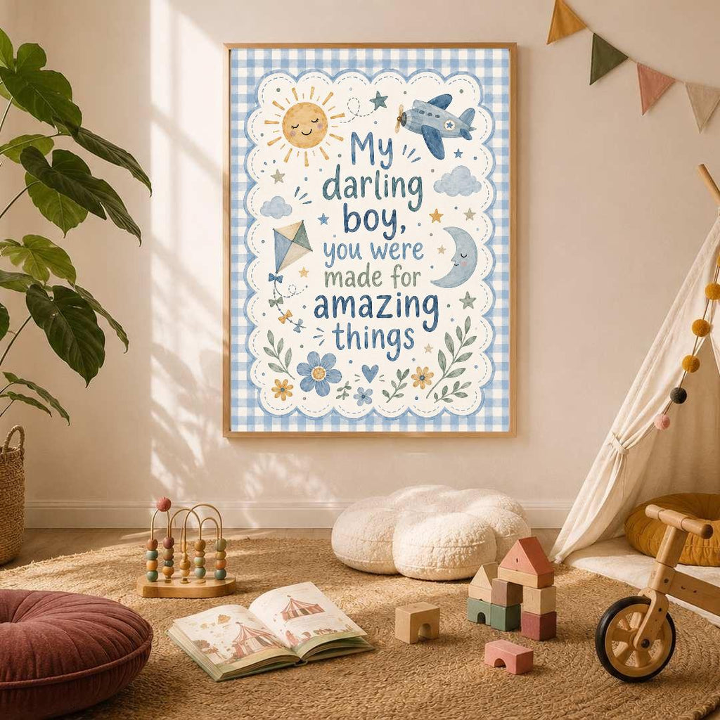 Boys Nursery Quote Print, My Darling Boy Wall Art, Positive Kids Bedroom Decor, Blue Nursery Print, A4 A3