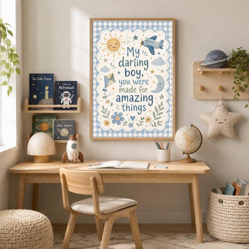 Boys Nursery Quote Print, My Darling Boy Wall Art, Positive Kids Bedroom Decor, Blue Nursery Print, A4 A3