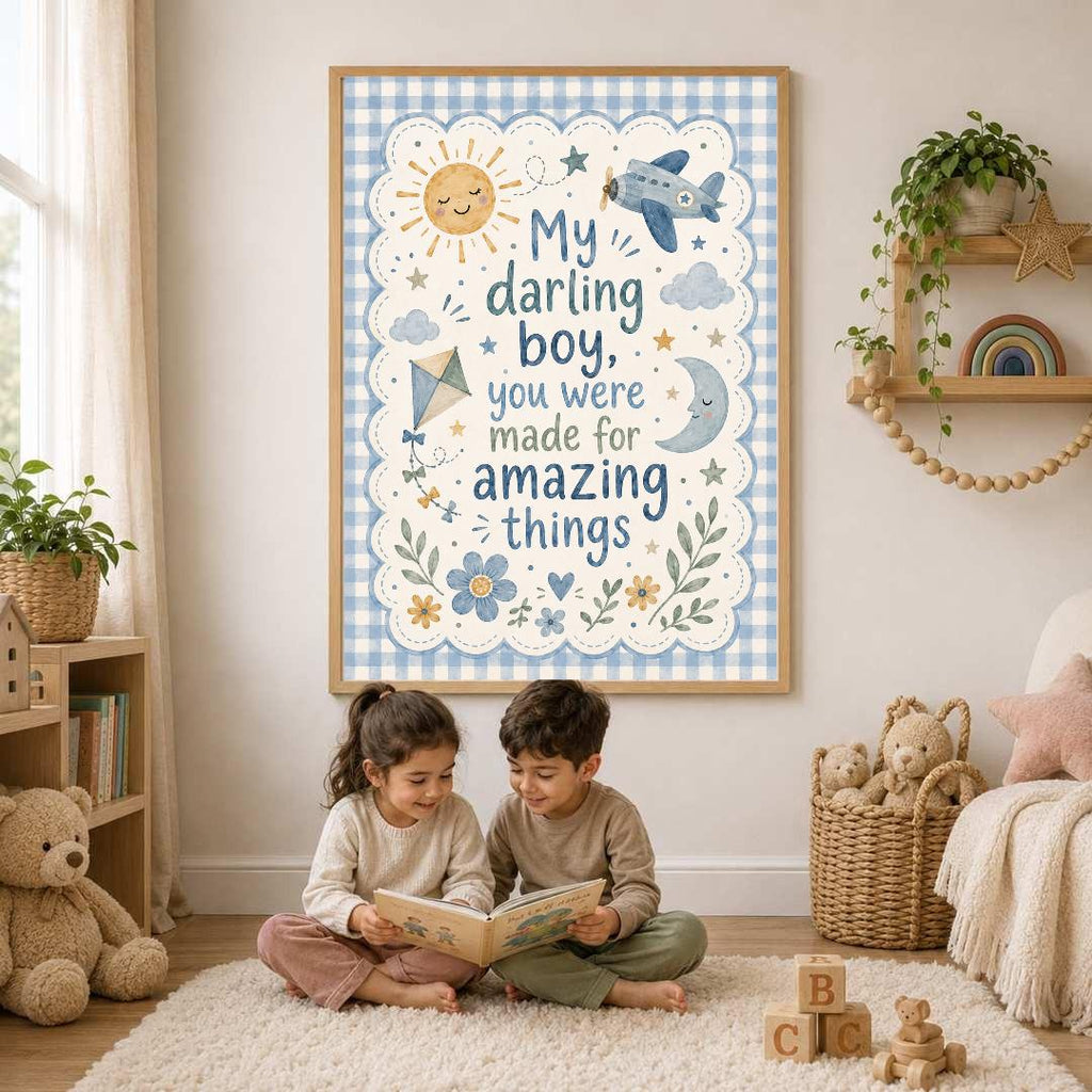 Boys Nursery Quote Print, My Darling Boy Wall Art, Positive Kids Bedroom Decor, Blue Nursery Print, A4 A3