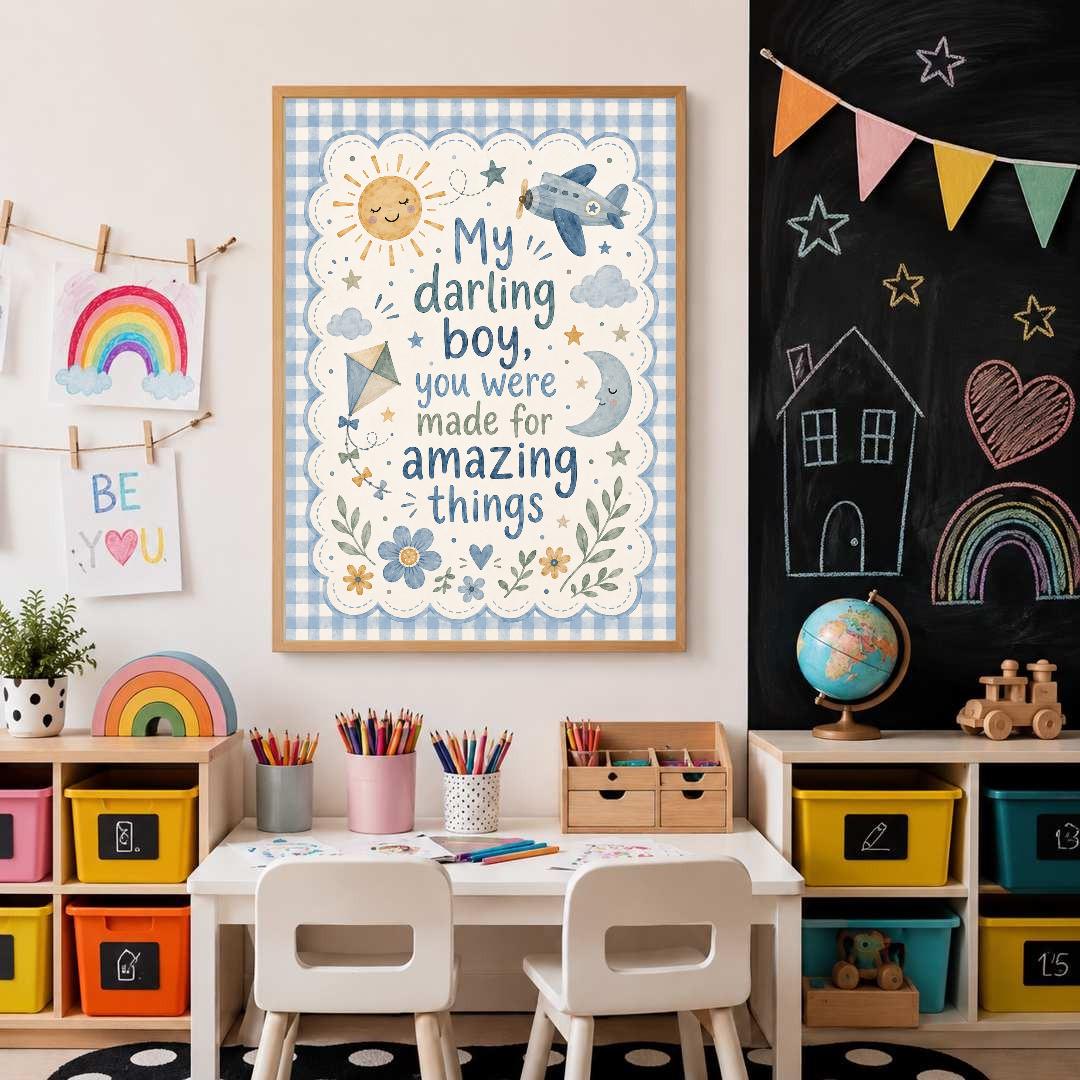 Boys Nursery Quote Print, My Darling Boy Wall Art, Positive Kids Bedroom Decor, Blue Nursery Print, A4 A3