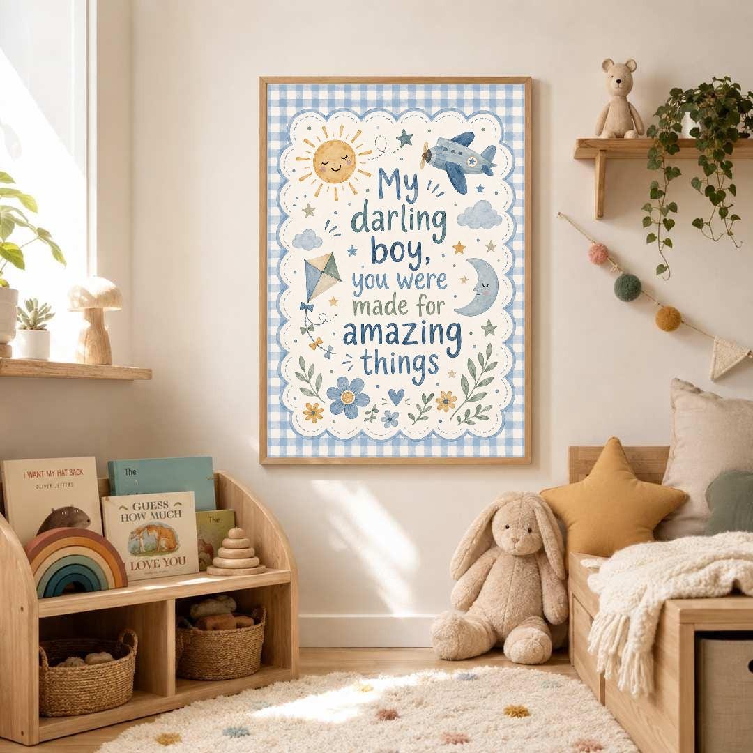 Boys Nursery Quote Print, My Darling Boy Wall Art, Positive Kids Bedroom Decor, Blue Nursery Print, A4 A3