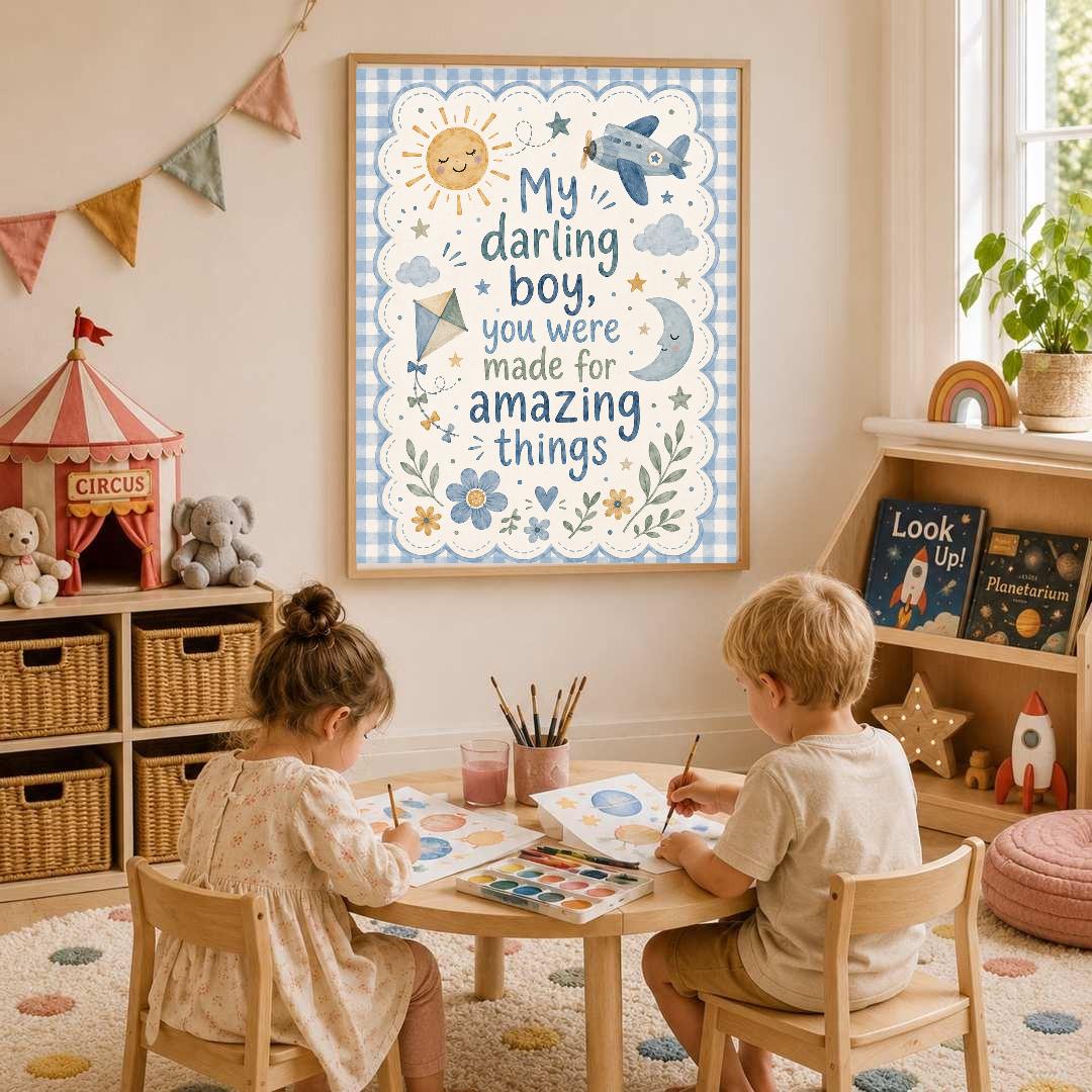 Boys Nursery Quote Print, My Darling Boy Wall Art, Positive Kids Bedroom Decor, Blue Nursery Print, A4 A3