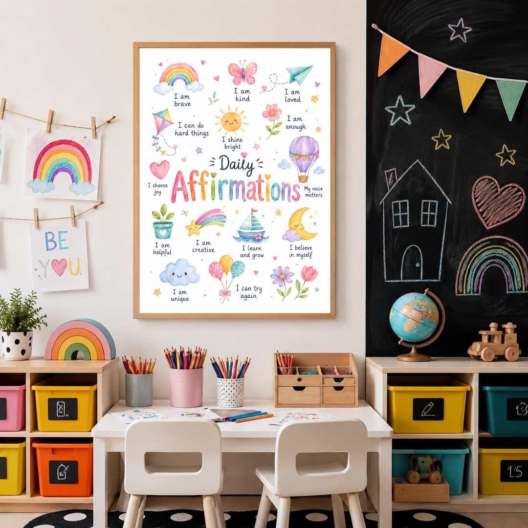 Colourful Kids Daily Affirmations Print, Positive Affirmation Wall Art, Girls Bedroom Decor, Nursery Playroom Poster, A4 A3