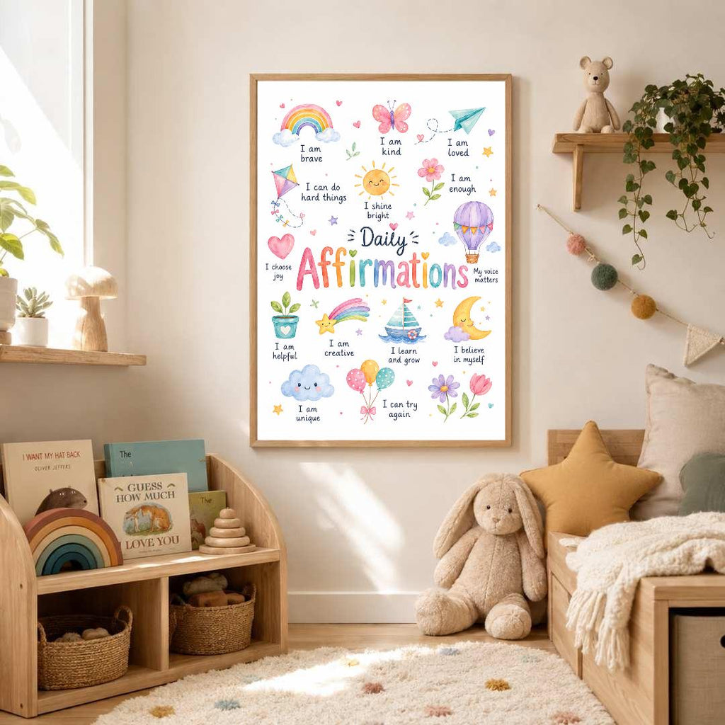 Colourful Kids Daily Affirmations Print, Positive Affirmation Wall Art, Girls Bedroom Decor, Nursery Playroom Poster, A4 A3