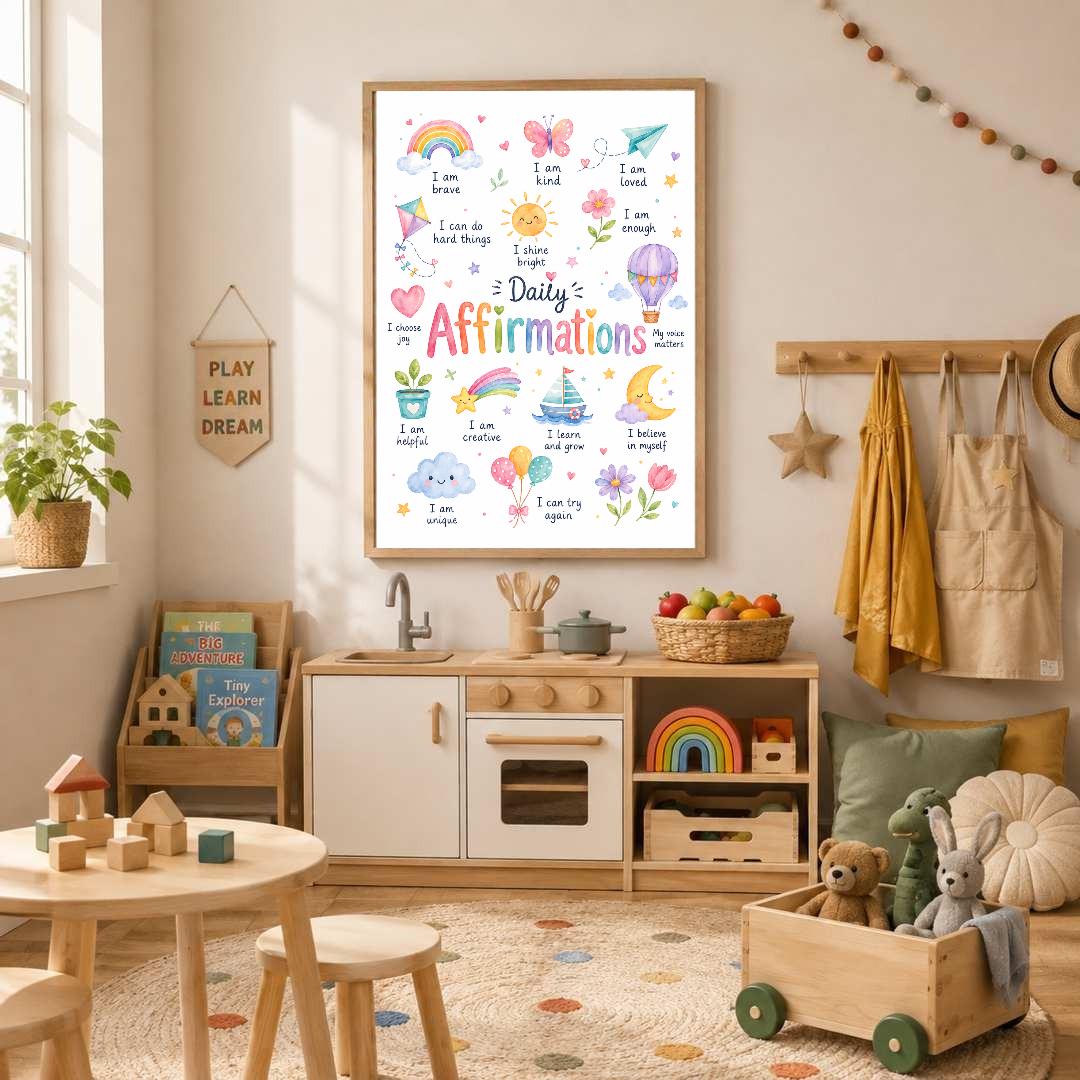 Colourful Kids Daily Affirmations Print, Positive Affirmation Wall Art, Girls Bedroom Decor, Nursery Playroom Poster, A4 A3