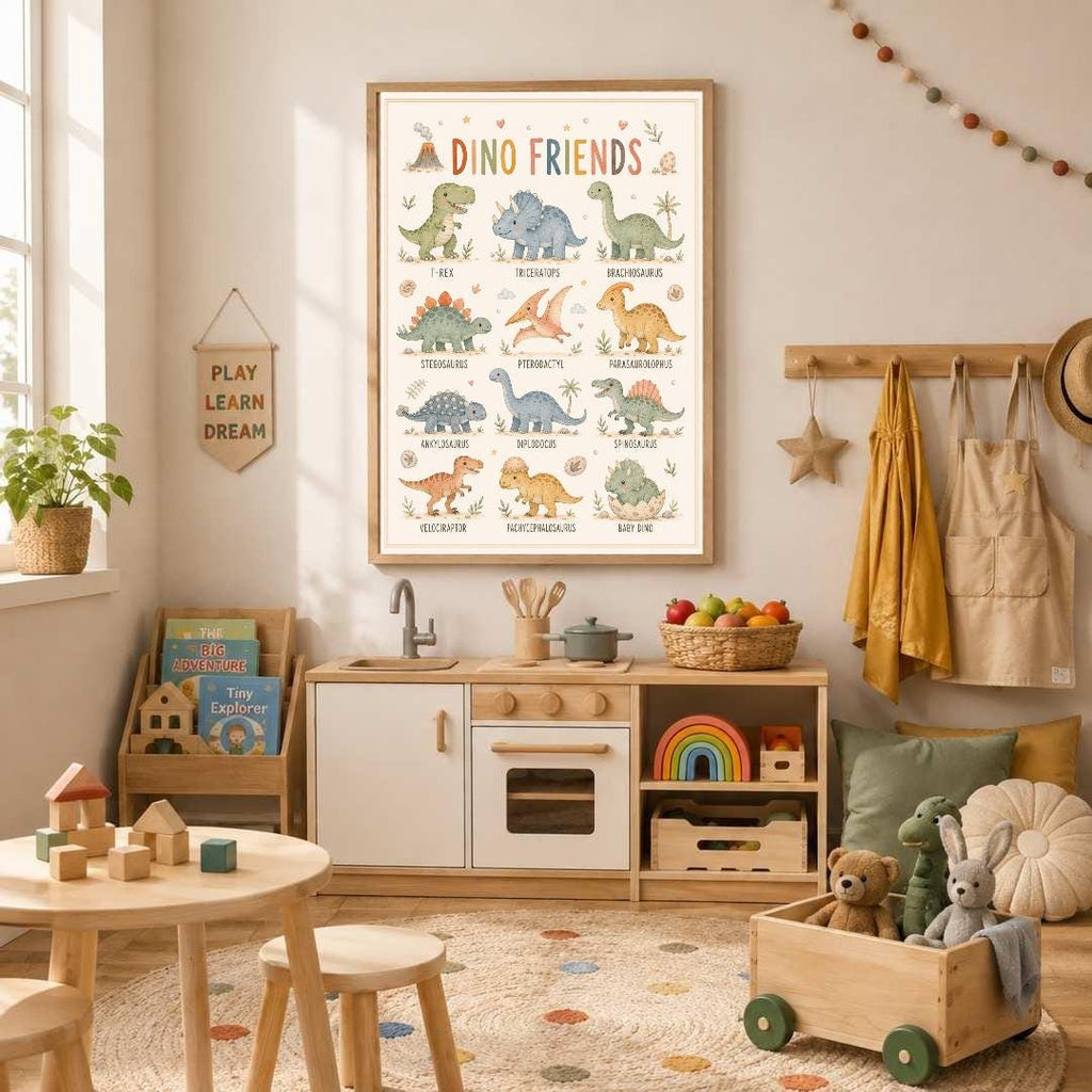 Dinosaur Nursery Print, Dino Friends Educational Wall Art, Kids Learning Poster, Boys Bedroom Decor, A4 A3