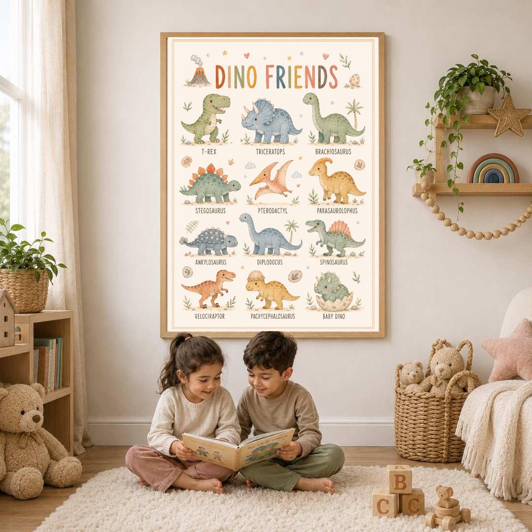Dinosaur Nursery Print, Dino Friends Educational Wall Art, Kids Learning Poster, Boys Bedroom Decor, A4 A3