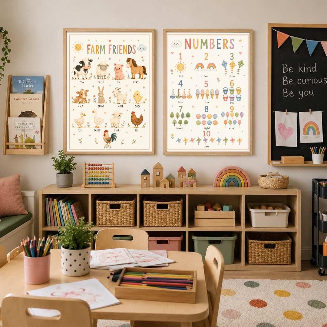 Farm Animals Nursery Print, Educational Kids Wall Art, Farm Friends Poster, Animal Learning Print, Playroom Decor, A4 A3