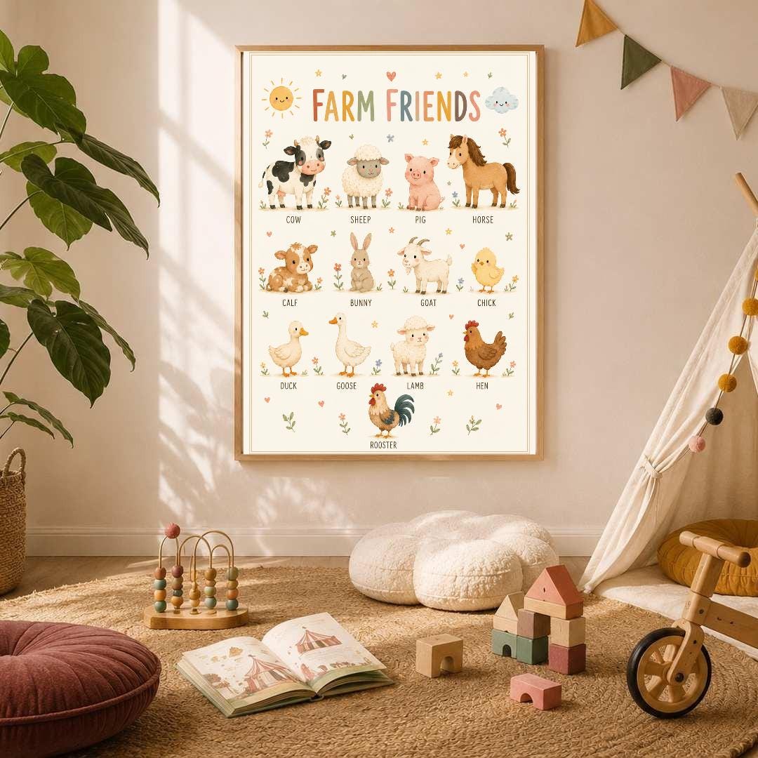 Farm Animals Nursery Print, Educational Kids Wall Art, Farm Friends Poster, Animal Learning Print, Playroom Decor, A4 A3