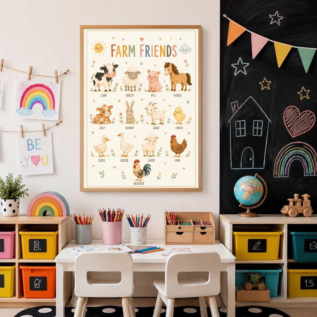 Farm Animals Nursery Print, Educational Kids Wall Art, Farm Friends Poster, Animal Learning Print, Playroom Decor, A4 A3