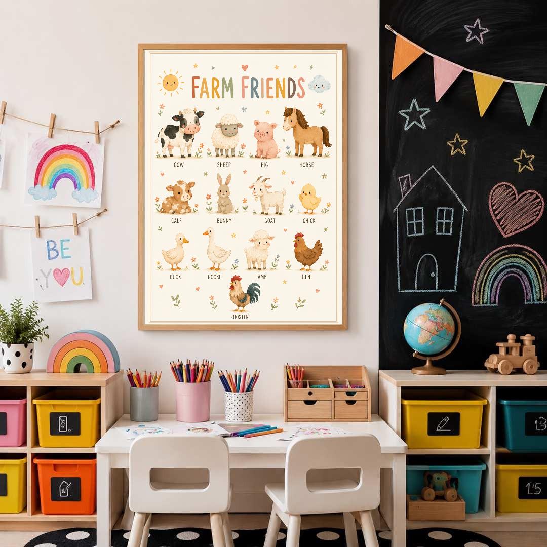 Farm Animals Nursery Print, Educational Kids Wall Art, Farm Friends Poster, Animal Learning Print, Playroom Decor, A4 A3