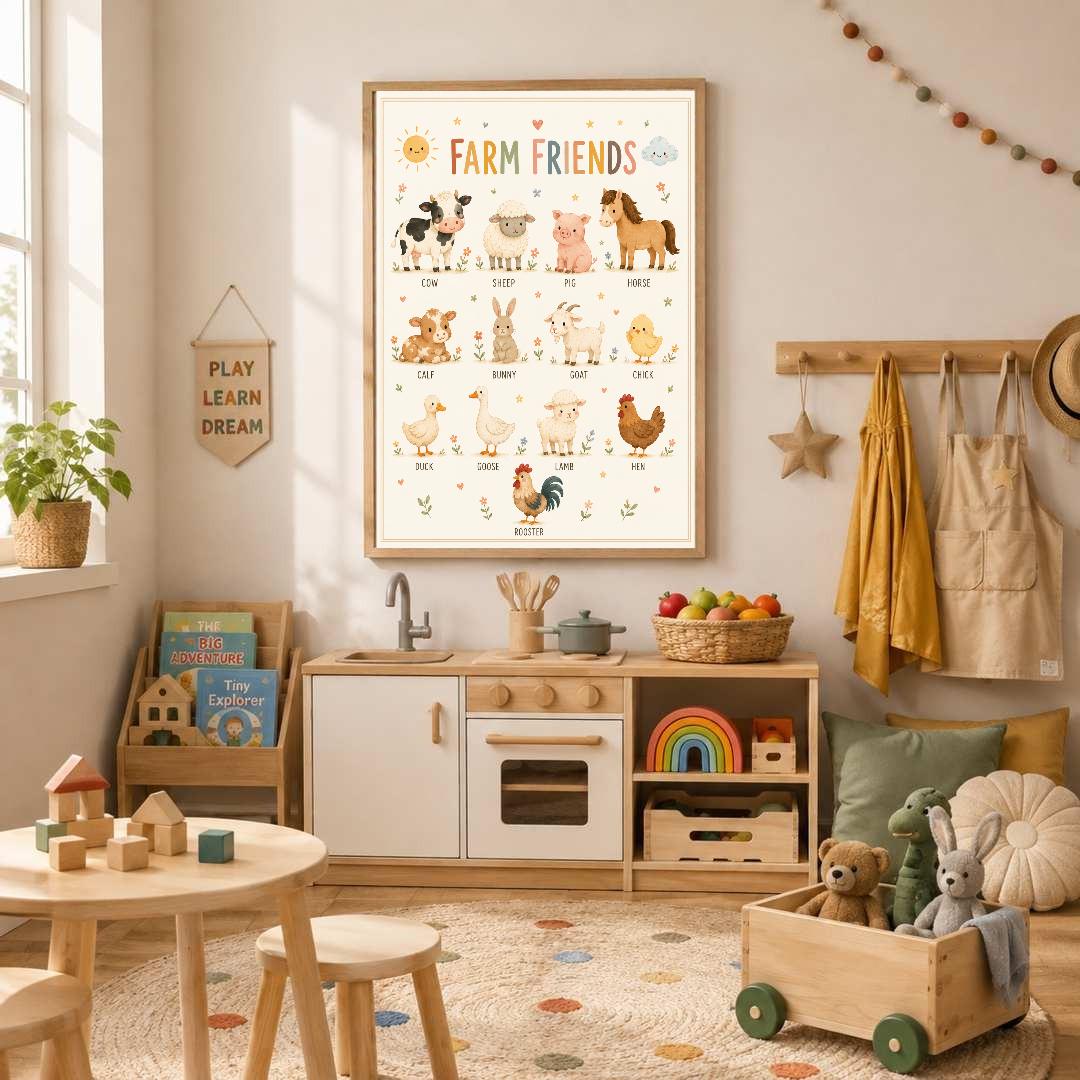 Farm Animals Nursery Print, Educational Kids Wall Art, Farm Friends Poster, Animal Learning Print, Playroom Decor, A4 A3