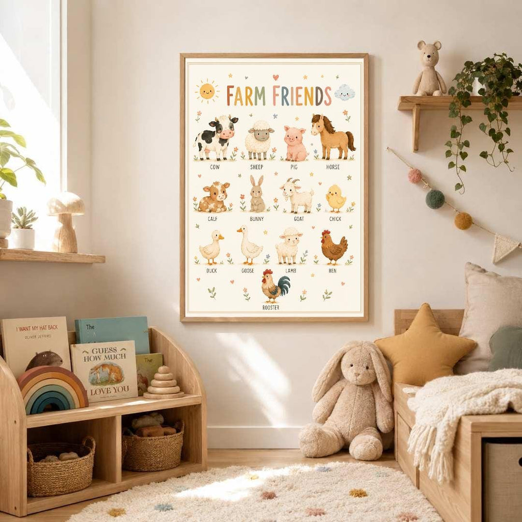 Farm Animals Nursery Print, Educational Kids Wall Art, Farm Friends Poster, Animal Learning Print, Playroom Decor, A4 A3