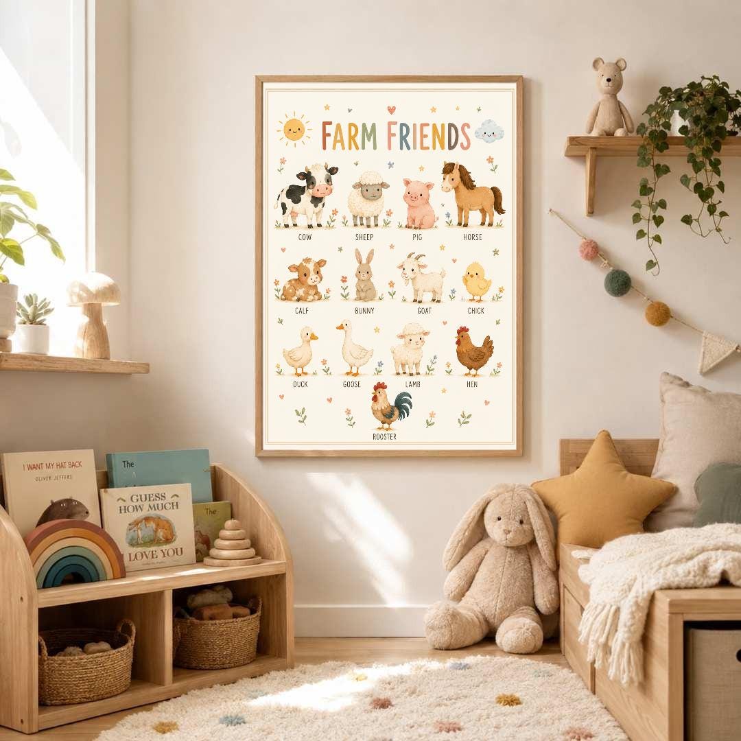 Farm Animals Nursery Print, Educational Kids Wall Art, Farm Friends Poster, Animal Learning Print, Playroom Decor, A4 A3