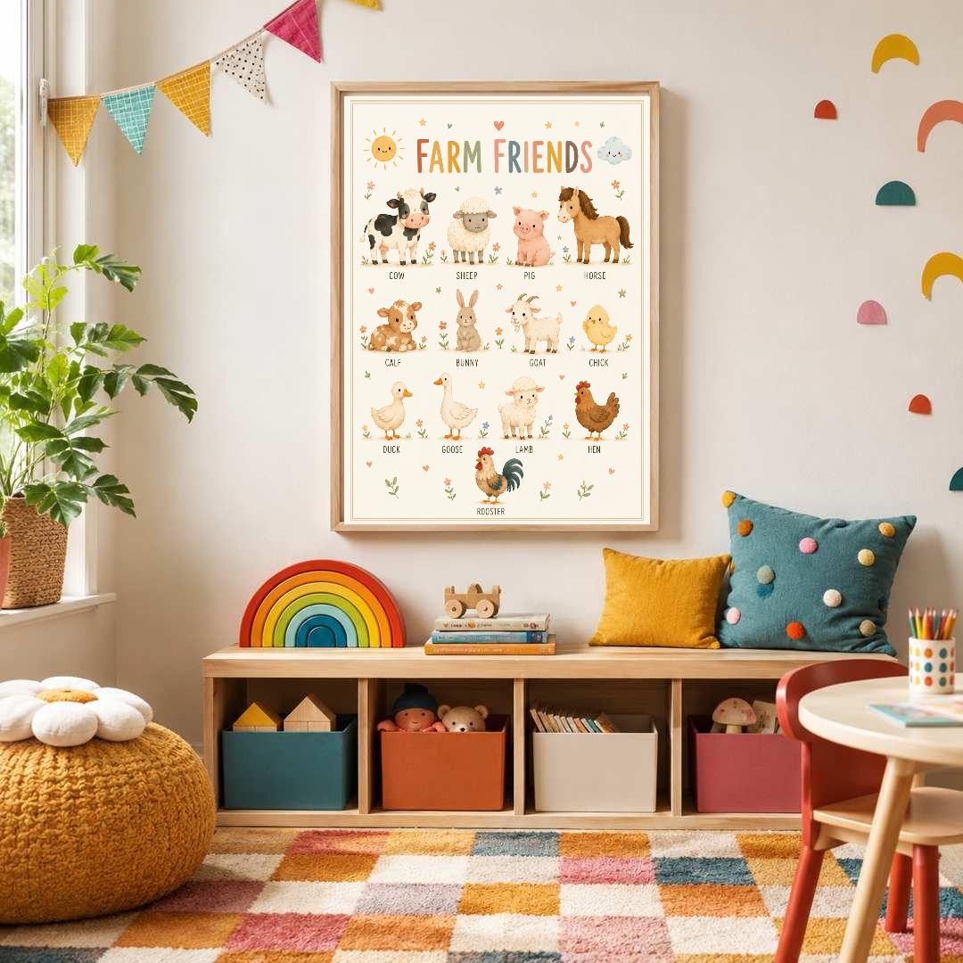 Farm Animals Nursery Print, Educational Kids Wall Art, Farm Friends Poster, Animal Learning Print, Playroom Decor, A4 A3