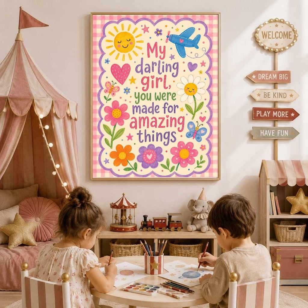 Girls Nursery Quote Print, My Darling Girl Wall Art, Positive Kids Bedroom Decor, Colourful Floral Nursery Print, A4 A3