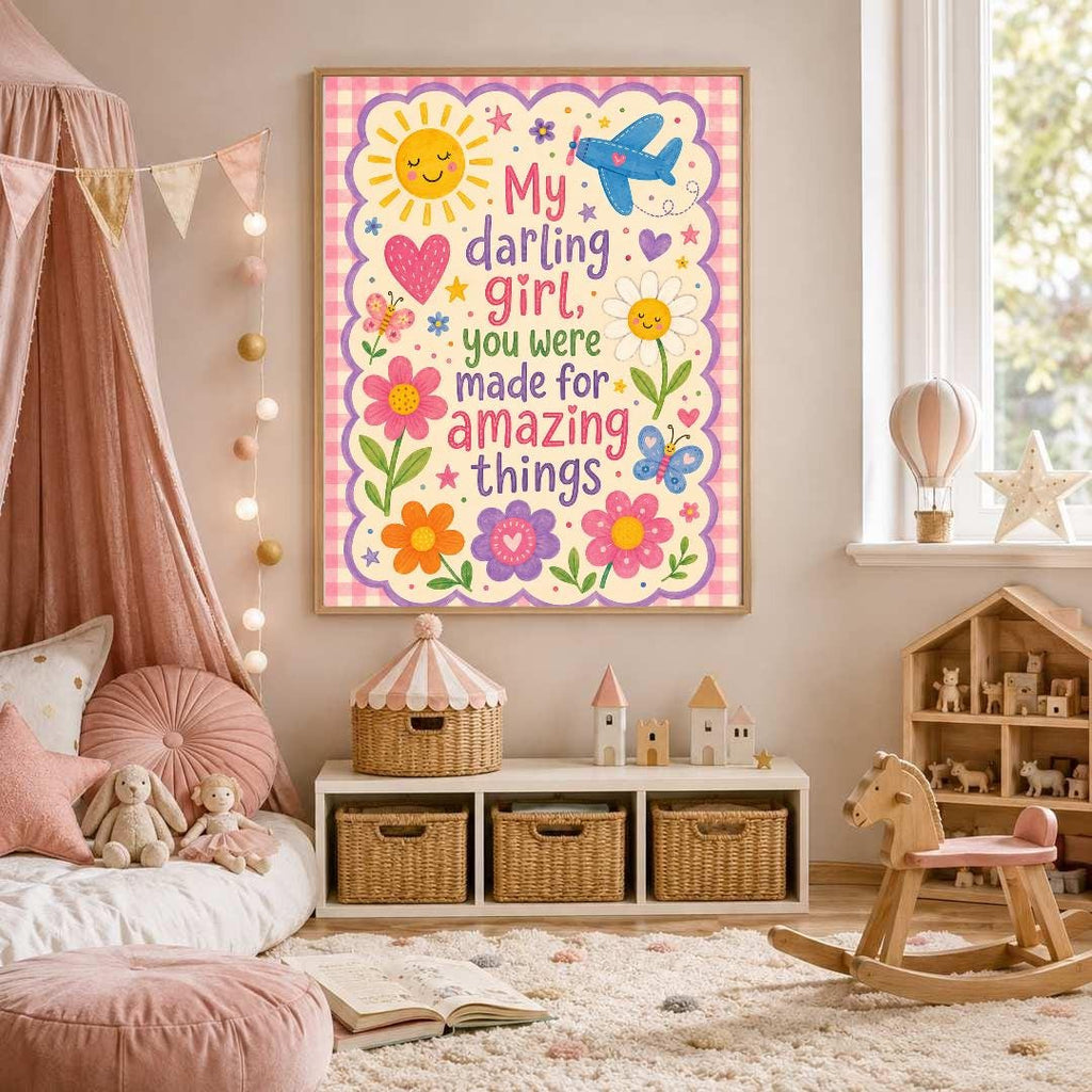 Girls Nursery Quote Print, My Darling Girl Wall Art, Positive Kids Bedroom Decor, Colourful Floral Nursery Print, A4 A3