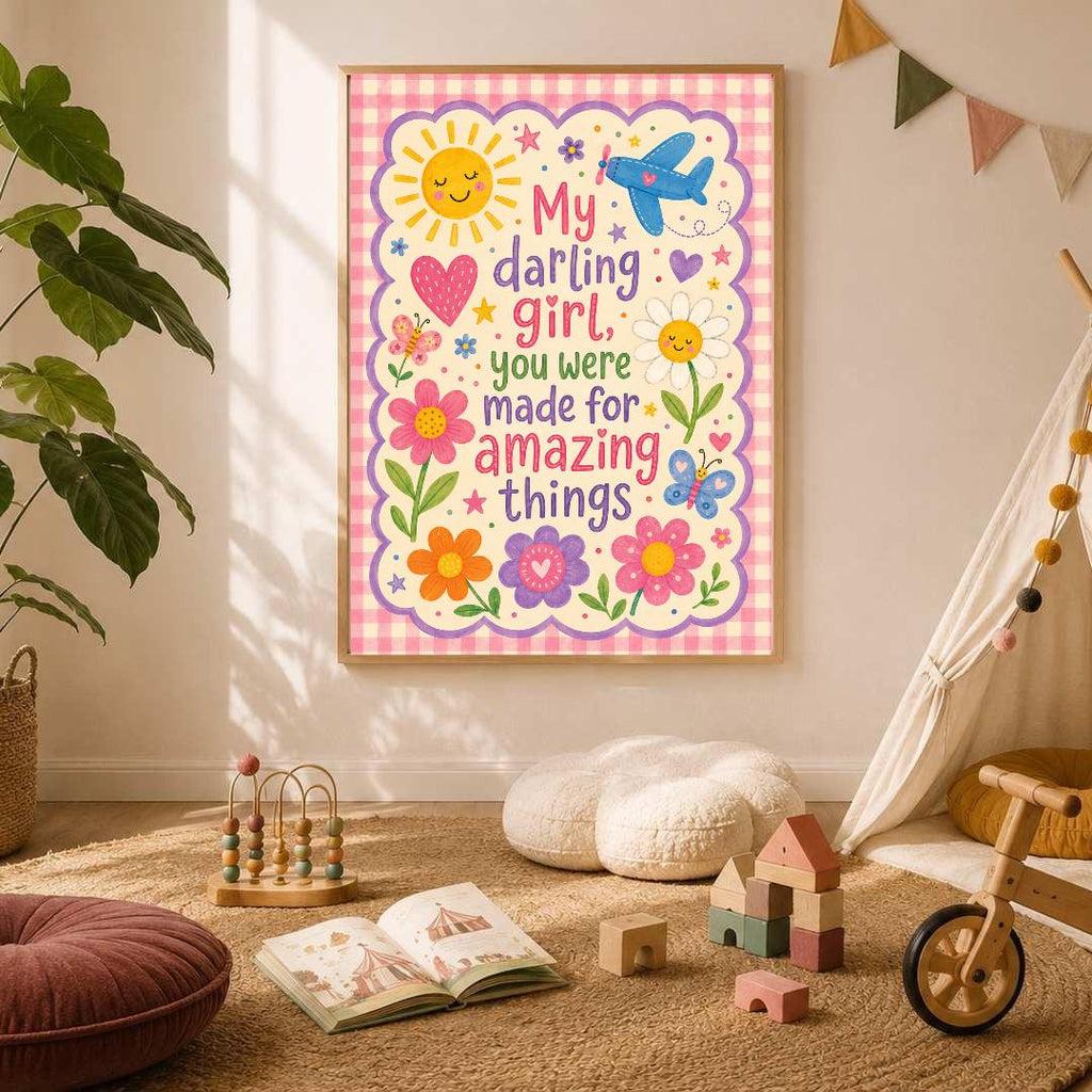 Girls Nursery Quote Print, My Darling Girl Wall Art, Positive Kids Bedroom Decor, Colourful Floral Nursery Print, A4 A3