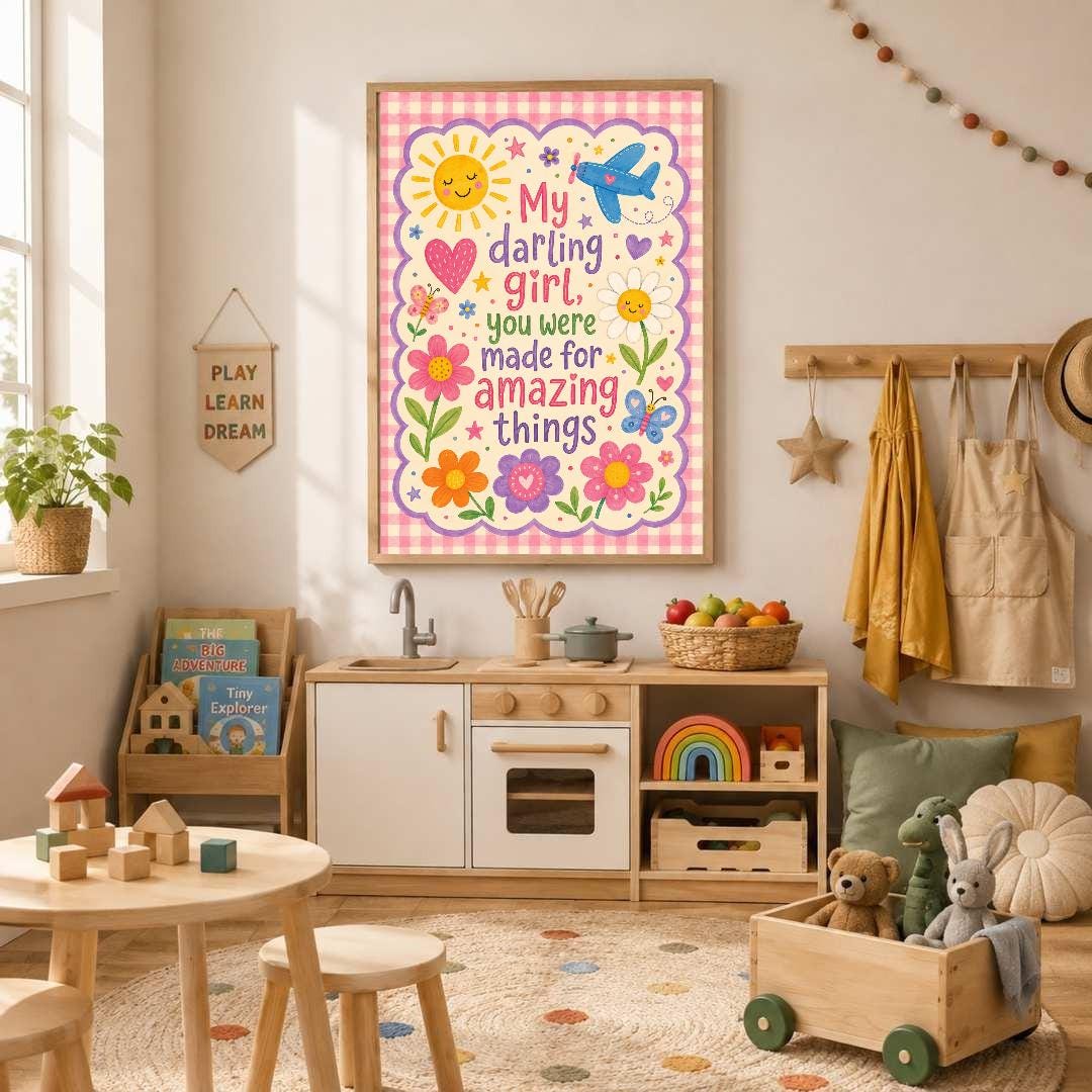 Girls Nursery Quote Print, My Darling Girl Wall Art, Positive Kids Bedroom Decor, Colourful Floral Nursery Print, A4 A3
