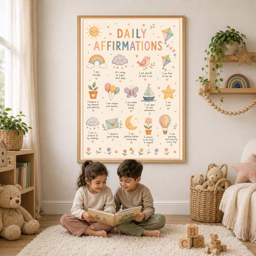 Kids Daily Affirmations Print, Positive Affirmation Wall Art, Nursery & Playroom Decor, Children's Mindset Poster, A4 A3