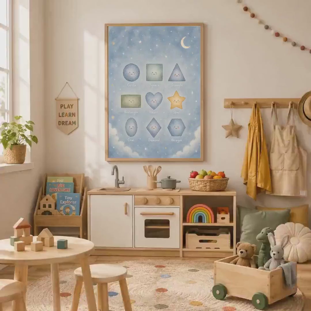 Blue Shapes Nursery Print, Educational Kids Wall Art, Boys Learning Poster, Preschool Playroom Decor, A4 A3
